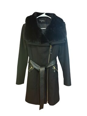 Via Spiga Black Faux Fur Collar Faux Leather Belted Coat